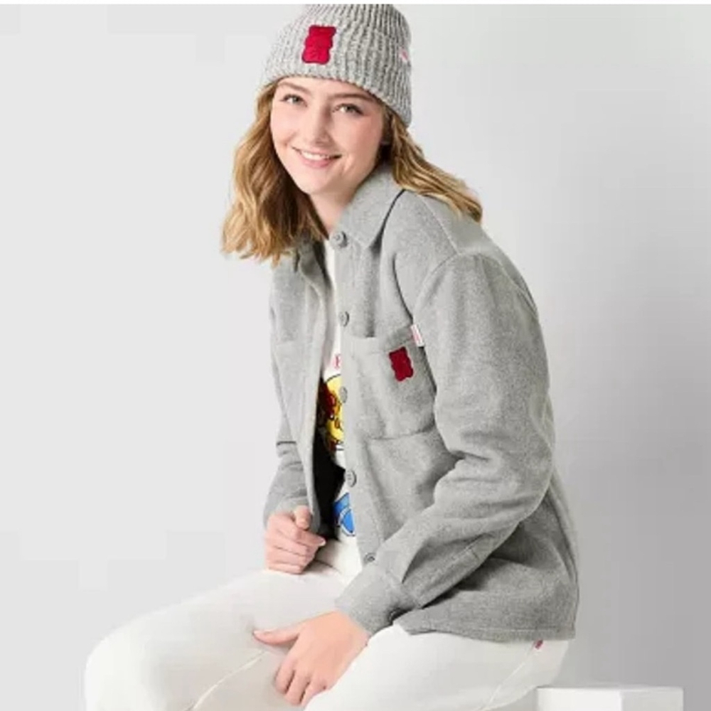 NEW Haribo Gray Juniors Fleece Button Down Shacket Jacket M $54